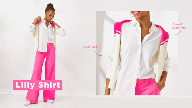 Model wearing white button down shirt and pink pants